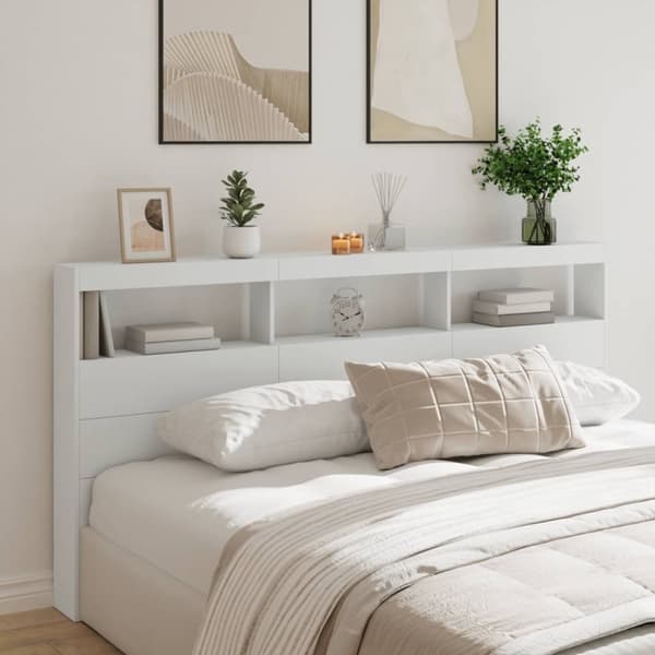 vidaXL Sängynpäätykaappi LED-valoilla valkoinen 200x17x102 cm