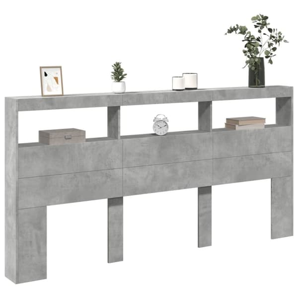 vidaXL Sängynpäätykaappi LED-valoilla betoninharmaa 200x17x102 cm