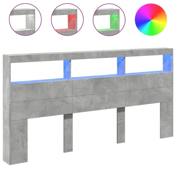vidaXL Sängynpäätykaappi LED-valoilla betoninharmaa 200x17x102 cm