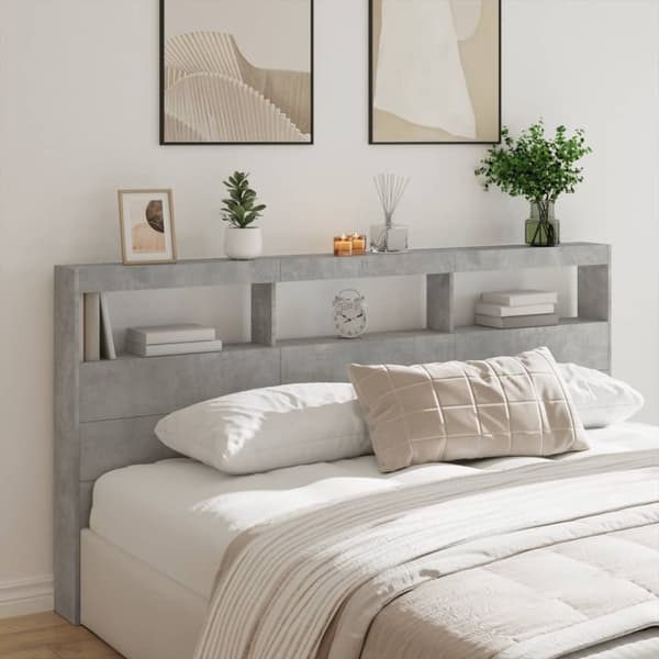 vidaXL Sängynpäätykaappi LED-valoilla betoninharmaa 200x17x102 cm