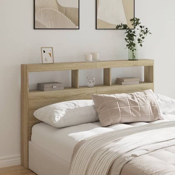vidaXL Sängynpäätykaappi LED-valoilla Sonoma-tammi 160x17x102 cm
