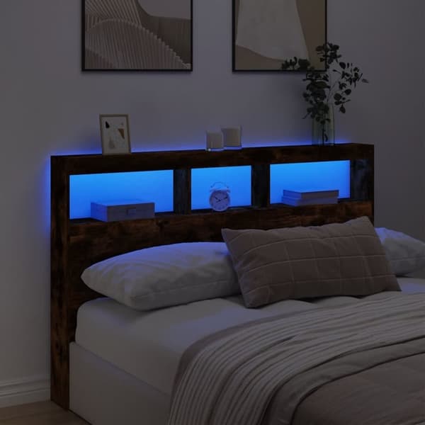 vidaXL Sängynpäätykaappi LED-valoilla savutammi 160x17x102 cm