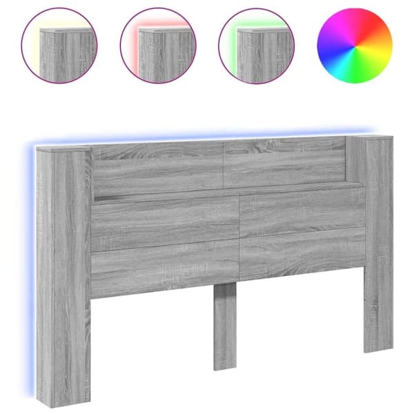 vidaXL sengegavl m. opbevaring og LED-lys 180x16,5x103,5 cm grå sonoma