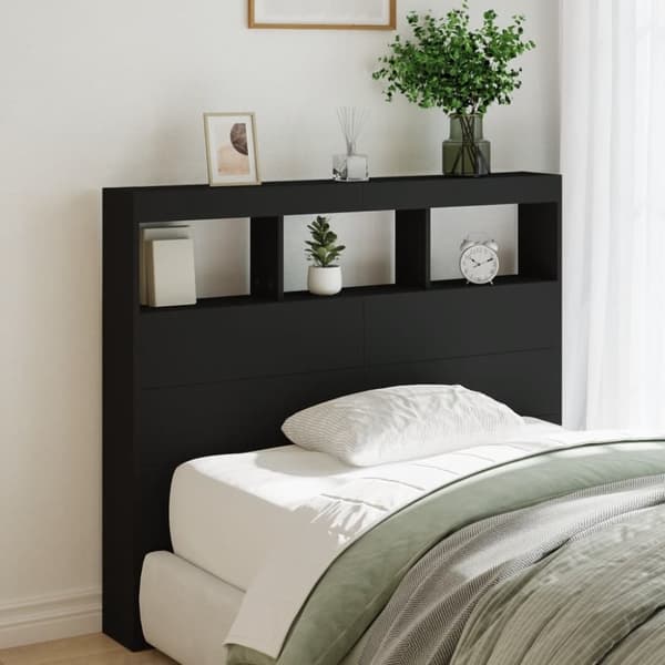 vidaXL sengegavl med opbevaring og LED-lys 120x17x102 cm sort