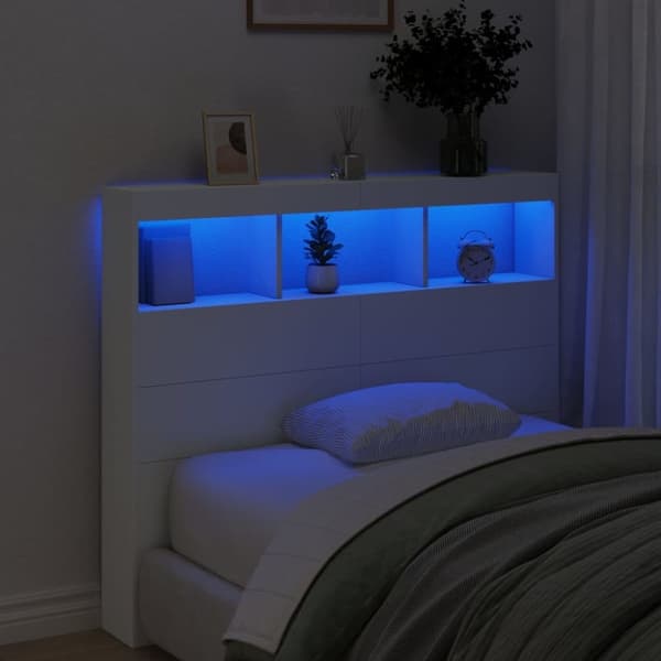 vidaXL Sängynpäätykaappi LED-valoilla valkoinen 120x17x102 cm