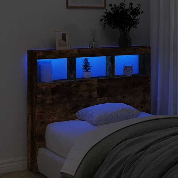 vidaXL Sängynpäätykaappi LED-valoilla savutammi 120x17x102 cm