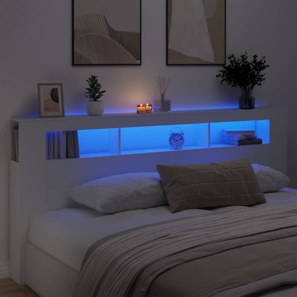 vidaXL sengegavl med LED-lys 220x18,5x103,5 cm konstrueret træ hvid -  Hovedgærder og fodgærder