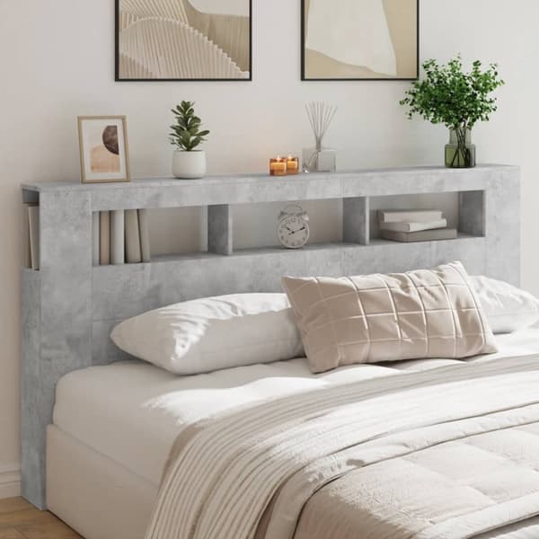 vidaXL Sängynpääty LED-valoilla betoninharmaa 200x18,5x103,5 cm puu -  Sängynpäädyt