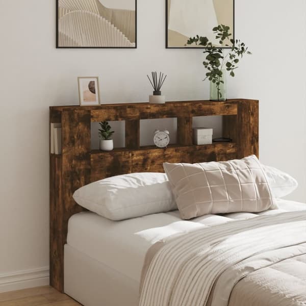 The Living Store sengegavl m. LED-lys 140x18,5x103,5 cm konstrueret træ røget eg - Hovedgærder og fodgærder