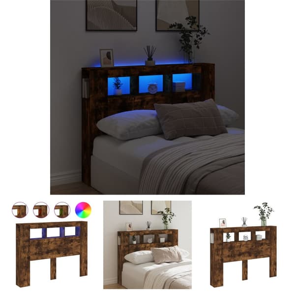 The Living Store sengegavl m. LED-lys 140x18,5x103,5 cm konstrueret træ røget eg -  Hovedgærder og fodgærder