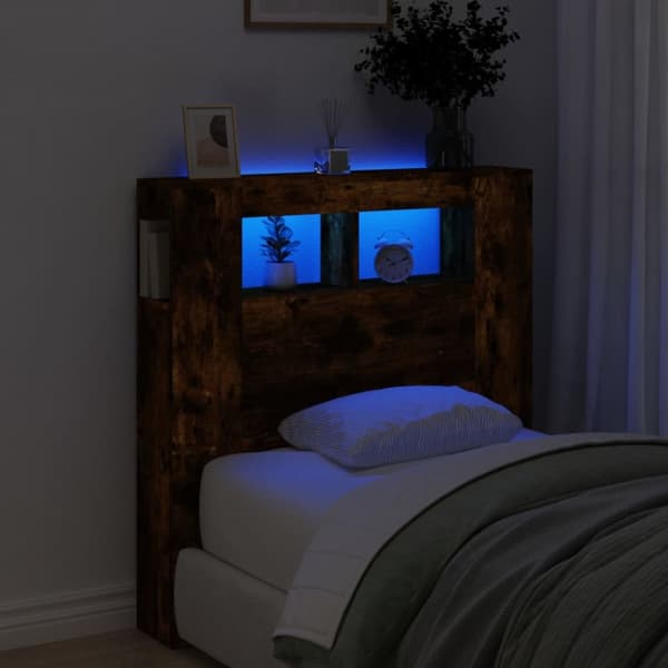 The Living Store Sängynpääty LED-valoilla savutammi 100x18,5x103,5 cm puu -  Sängynpäädyt