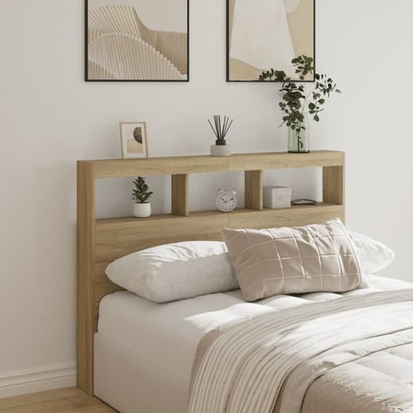The Living Store Sängynpäätykaappi LED-valoilla Sonoma-tammi 140x17x102 cm -  Sängynpäädyt