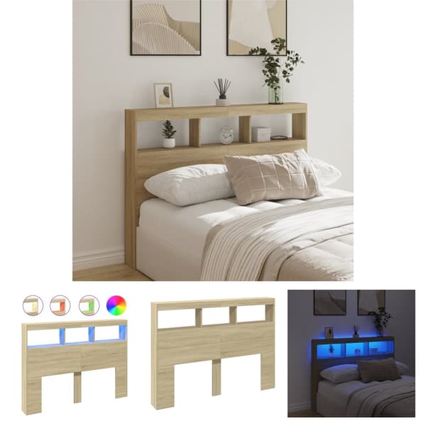The Living Store Sängynpäätykaappi LED-valoilla Sonoma-tammi 140x17x102 cm -  Sängynpäädyt
