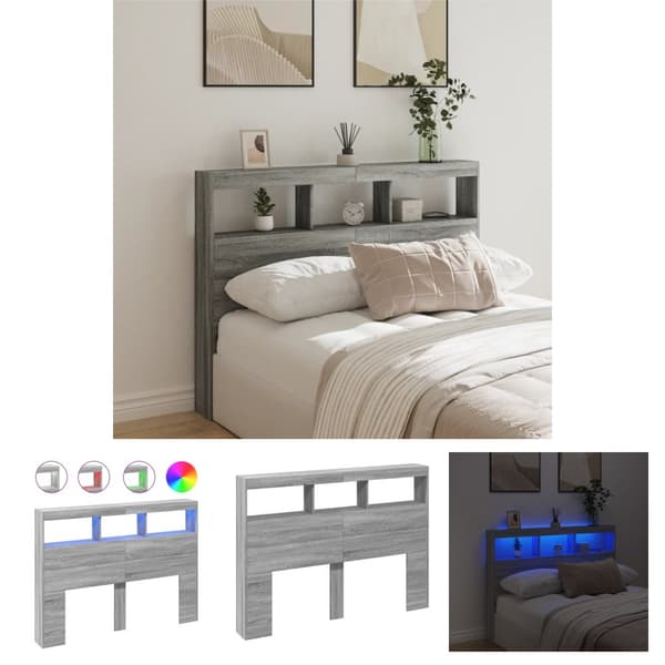 The Living Store sengegavl med opbevaring og LED-lys 140x17x102 cm grå sonoma-eg -  Hovedgærder og fodgærder