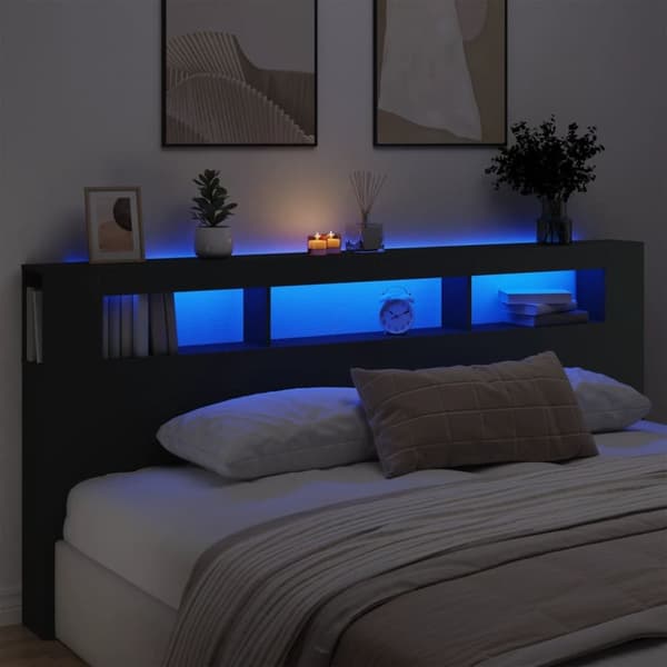 The Living Store Sängynpääty LED-valoilla musta 220x18,5x103,5 cm tekninen puu - Sängynpäädyt