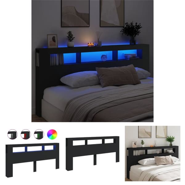 The Living Store Sängynpääty LED-valoilla musta 220x18,5x103,5 cm tekninen puu - Sängynpäädyt