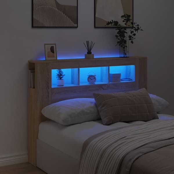The Living Store Sängynpääty LED-valoilla Sonoma-tammi 140x18,5x103,5 cm puu -  Sängynpäädyt