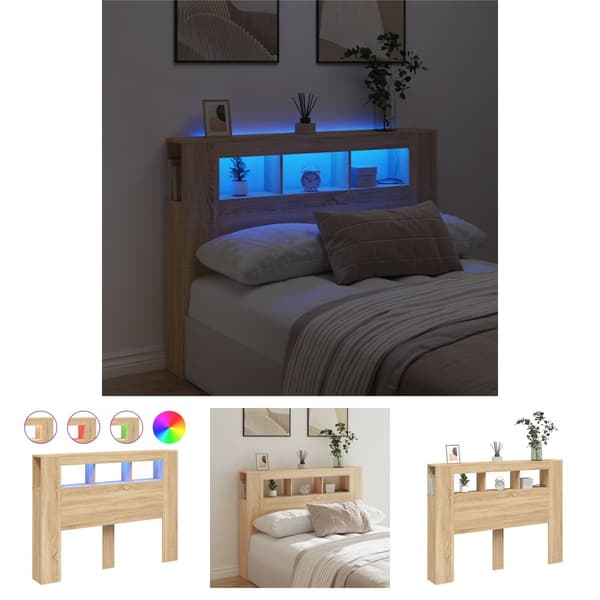 The Living Store Sängynpääty LED-valoilla Sonoma-tammi 140x18,5x103,5 cm puu - Sängynpäädyt