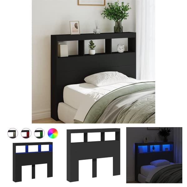 The Living Store sengegavl med opbevaring og LED-lys 120x17x102 cm sort -  Hovedgærder og fodgærder