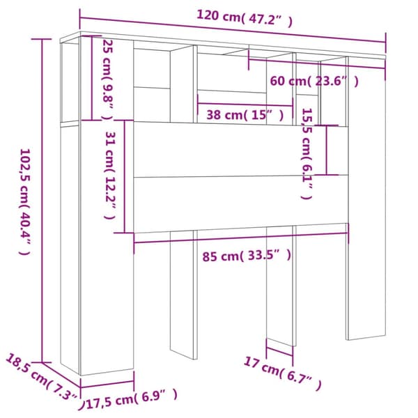 Sengegavl med opbevaring 120x18,5x102,5 cm grå sonoma-eg - Sengegavl Med Opbevaring - Sengegavle Med Opbevaring - Home & Living