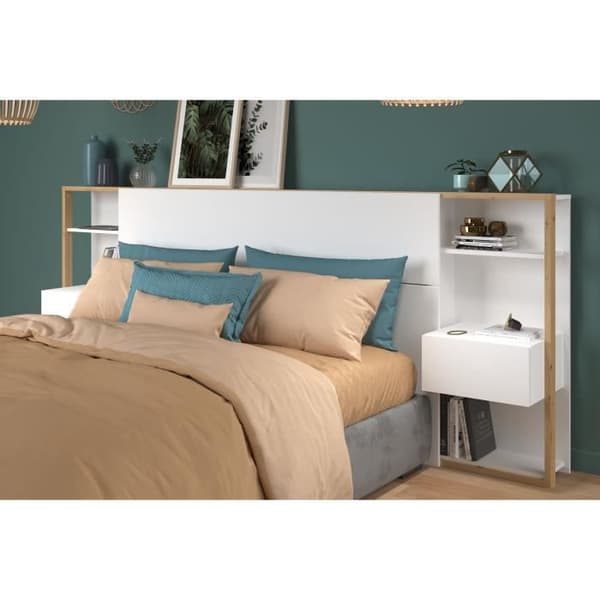 PARISOT Sänggavel med hyllor + integrerade sängbord - Vit och ek dekor - L 255 x D 36 x H 103 cm - VIT