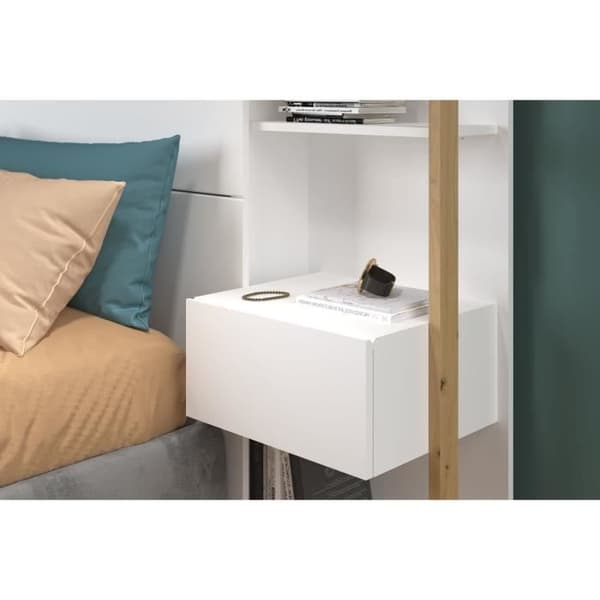 PARISOT Sänggavel med hyllor + integrerade sängbord - Vit och ek dekor - L 255 x D 36 x H 103 cm - VIT