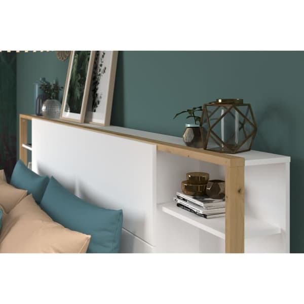 PARISOT Sänggavel med hyllor + integrerade sängbord - Vit och ek dekor - L 255 x D 36 x H 103 cm - VIT