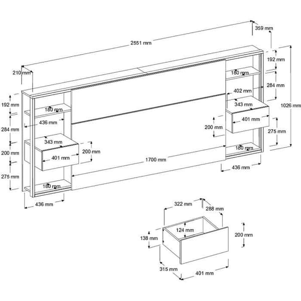 PARISOT Sänggavel med hyllor + integrerade sängbord - Vit och ek dekor - L 255 x D 36 x H 103 cm - VIT