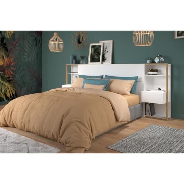 PARISOT Sänggavel med hyllor + integrerade sängbord - Vit och ek dekor - L 255 x D 36 x H 103 cm - VIT