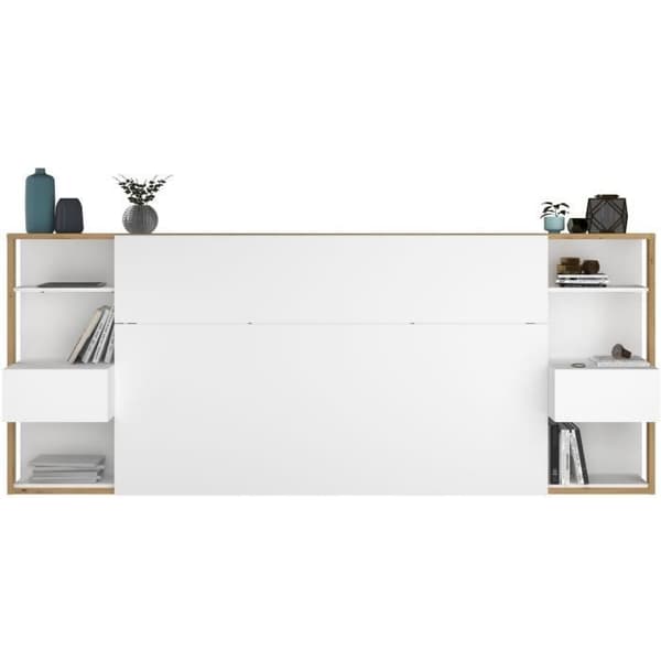 PARISOT Sänggavel med hyllor + integrerade sängbord - Vit och ek dekor - L 255 x D 36 x H 103 cm - VIT