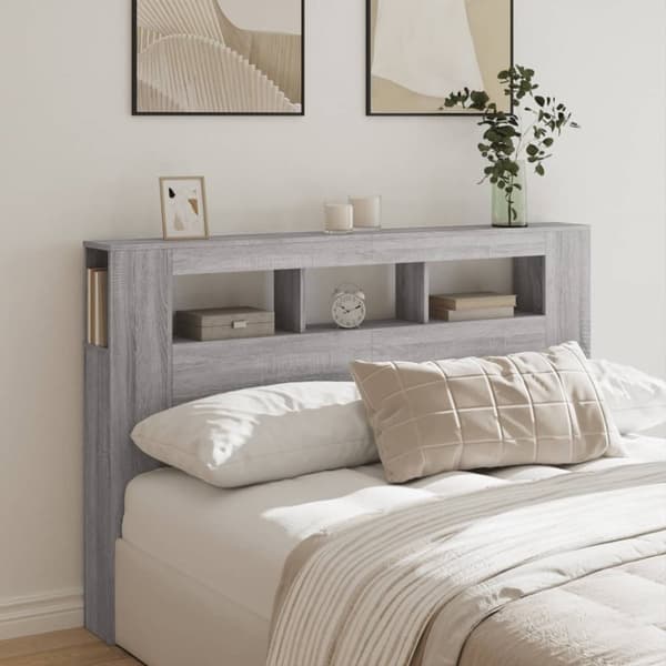 sengegavl 160x18,5x103,5 cm LED-lys konstrueret træ grå sonoma
