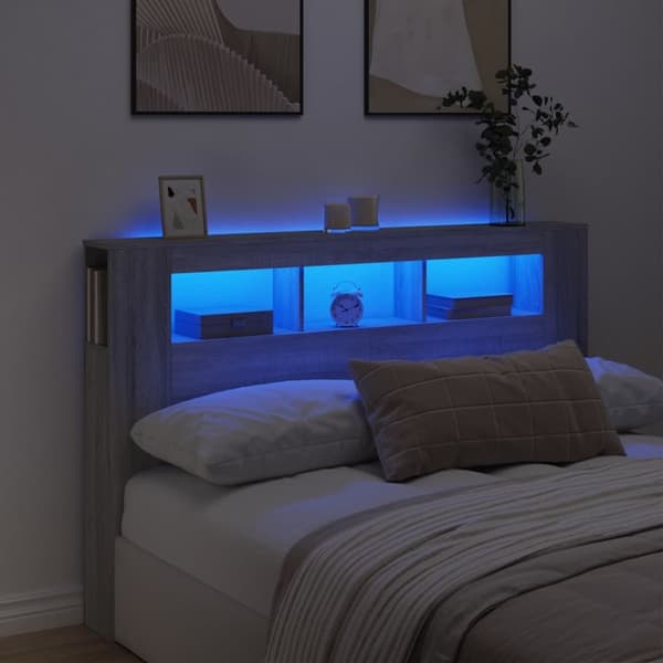 sengegavl 160x18,5x103,5 cm LED-lys konstrueret træ grå sonoma