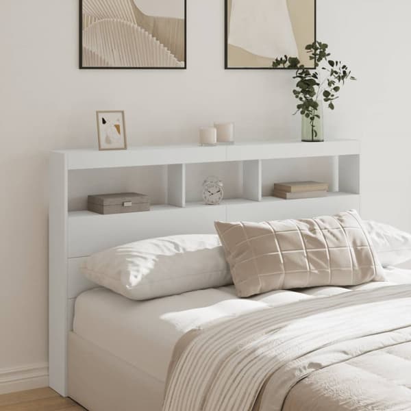 sengegavl med opbevaring og LED-lys 160x17x102 cm hvid