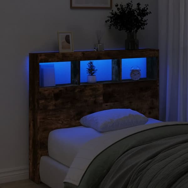 sengegavl med opbevaring og LED-lys 120x17x102 cm røget eg