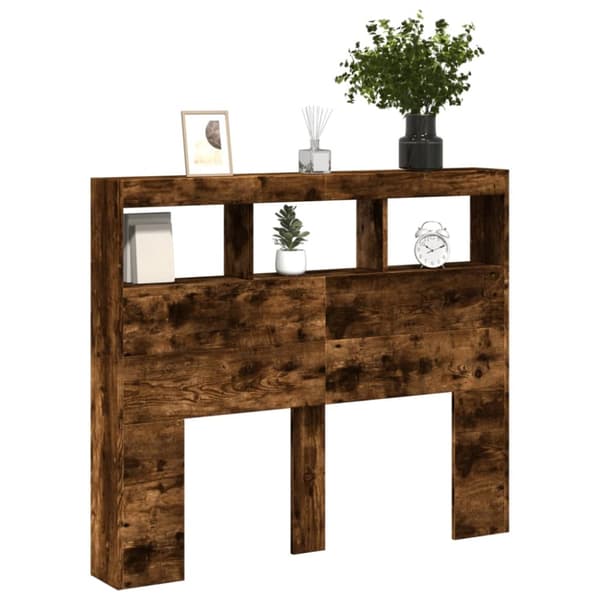 sengegavl med opbevaring og LED-lys 120x17x102 cm røget eg
