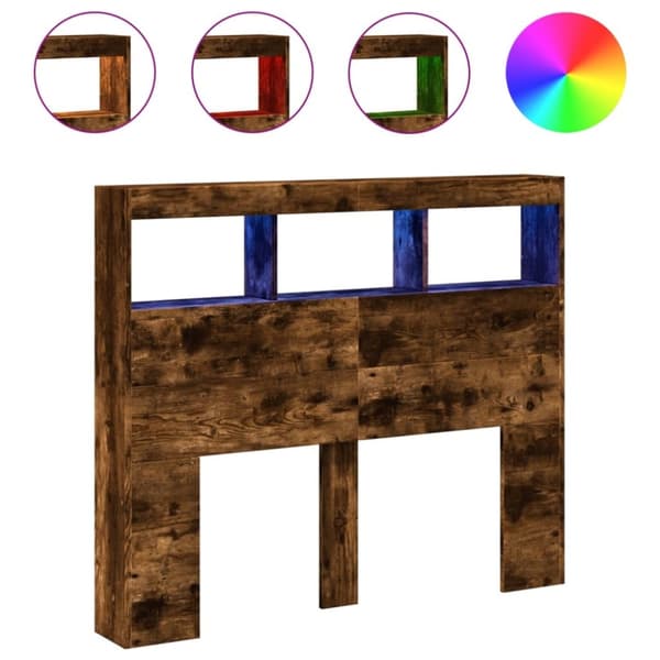 sengegavl med opbevaring og LED-lys 120x17x102 cm røget eg