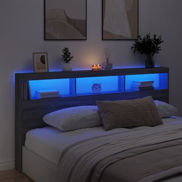 sengegavl med opbevaring og LED-lys 200x17x102 cm grå sonoma-eg