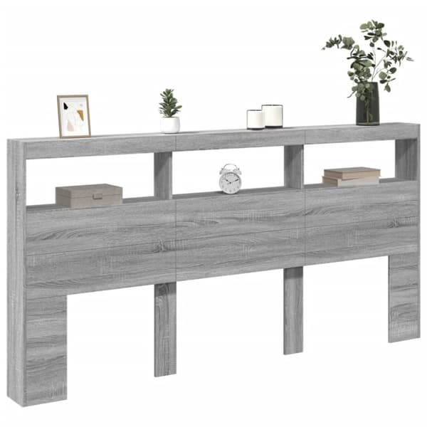 sengegavl med opbevaring og LED-lys 200x17x102 cm grå sonoma-eg