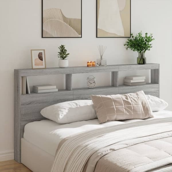sengegavl med opbevaring og LED-lys 200x17x102 cm grå sonoma-eg