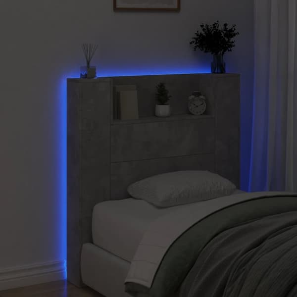 sengegavl med opbevaring og LED-lys 100x16x103,5 cm betongrå