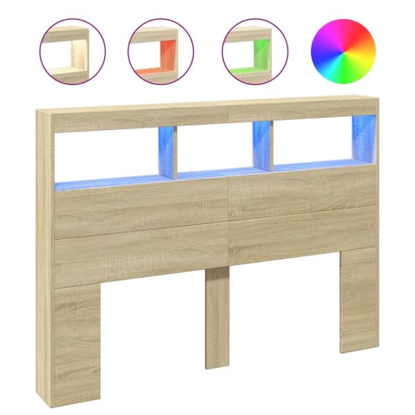 sengegavl med opbevaring og LED-lys 140x17x102 cm sonoma-eg