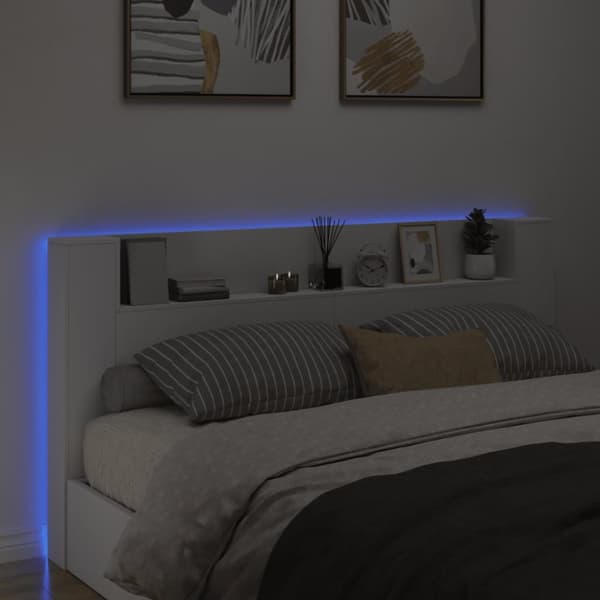 sengegavl med opbevaring og LED-lys 200x16,5x103,5 cm hvid