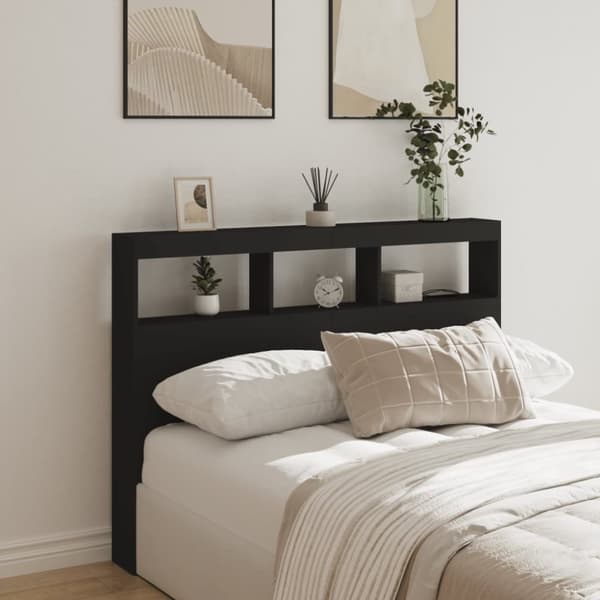 sengegavl med opbevaring og LED-lys 140x17x102 cm sort
