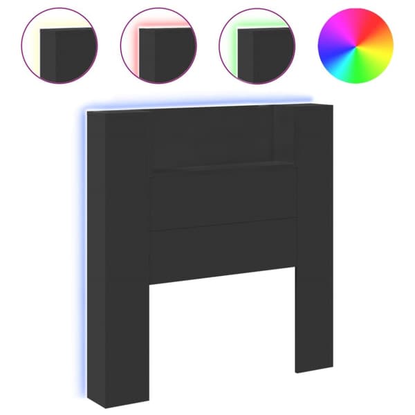 sengegavl med opbevaring og LED-lys 100x16,5x103,5 cm sort