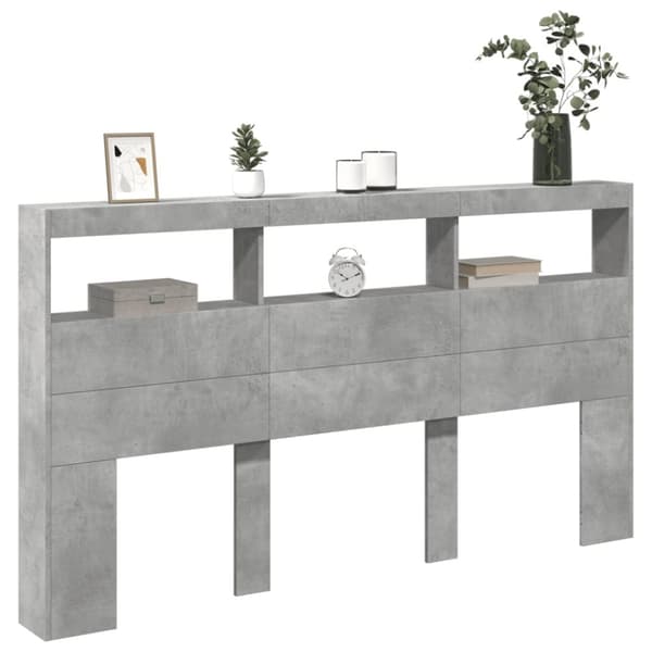 sengegavl med opbevaring og LED-lys 180x17x102 cm betongrå