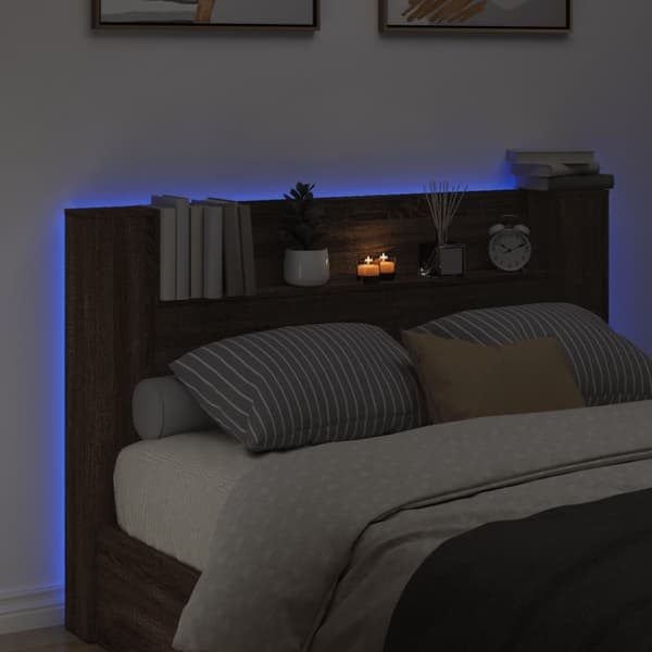 sengegavl med opbevaring og LED-lys 160x16,5x103,5 cm brunt eg