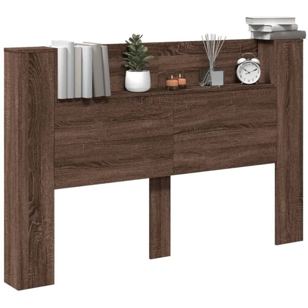 sengegavl med opbevaring og LED-lys 160x16,5x103,5 cm brunt eg