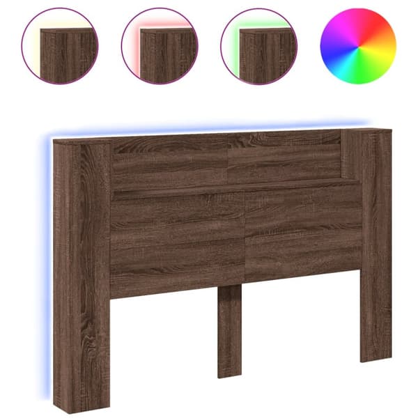 sengegavl med opbevaring og LED-lys 160x16,5x103,5 cm brunt eg