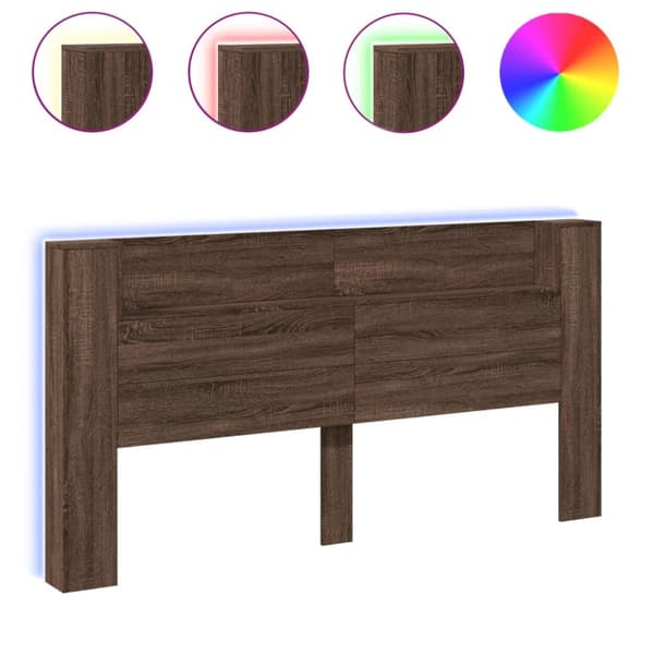 sengegavl med opbevaring og LED-lys 200x16,5x103,5 cm brunt eg