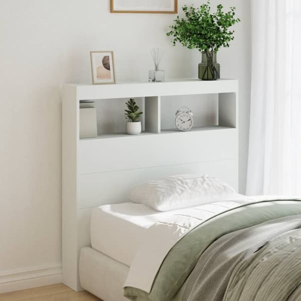 sengegavl med opbevaring og LED-lys 100x17x102 cm hvid